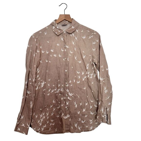 J. Jill XS Linen Bird Dove novelty brown Button Down Long Sleeves blouse - Picture 1 of 8